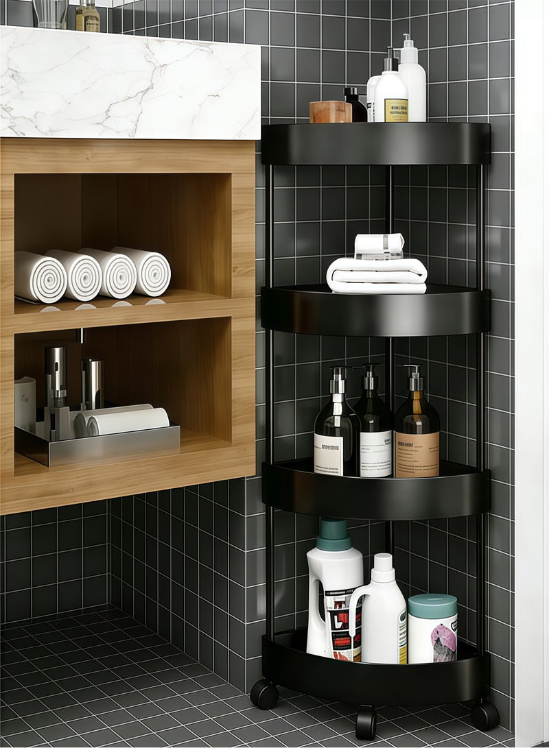 رف زاوية بأربعة أرفف، وحدة تخزين زاوية للاستحمام بأربع عجلات، عربة تخزين بأربعة أرفف، منظم أرضي مقاوم للصدأ للاستحمام، رف زاوية مثلث الشكل بعجلات، رف زاوية مقاوم للماء للاستحمام، عربة تخزين متعددة الوظائف مثالية للتخزين والتنظيم، للحمام والمطبخ والشرفة وغرفة المعيشة (أسود) - Image 1